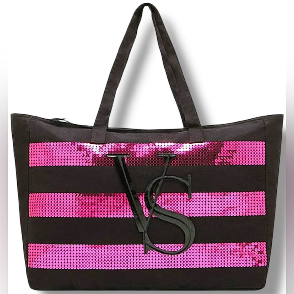 Victoria’s Secret Black Pink Sequin Striped Canvas Weekender Large Tote Bag